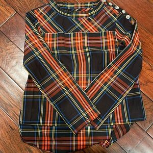 Plaid Jcrew blouse with jeweled buttons